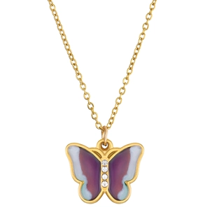 Golden stainless steel butterfly necklace with purple enamel wings and white rhinestones