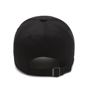 Rear view of a black baseball cap with adjustable metal buckle and premium stitching