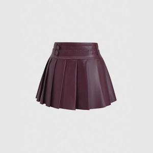 High waist pleated PU leather mini skirt in deep purple with decorative belt