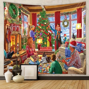 Weihnachtswandteppich mit gemütlicher Familienszene, Baum und Kamin für die Zimmerdekoration