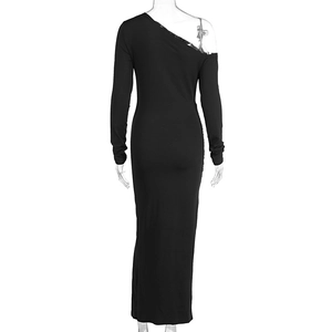 Detail view of the sleek bodycon silhouette and elegant off-shoulder long sleeve dress