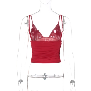 Detail view of the red V-neck cropped top back with pleated fabric texture