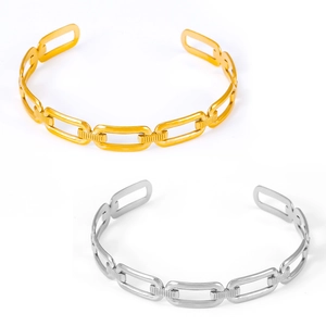 Bracelet jonc ouvert à maillons dorés et argentés avec design épuré en acier au titane