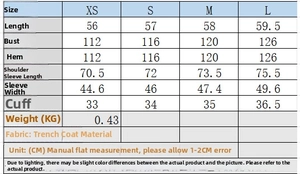 Detailed size chart for women's double-breasted trench coat in XS to L measurements