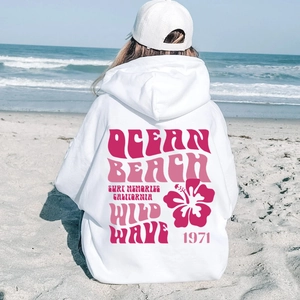 Men Hoodie Pullover Polyester Long Sleeve Ocean Beach California Surf Print Retro Streetwear Casual Sweatshirt Kangaroo Pocket