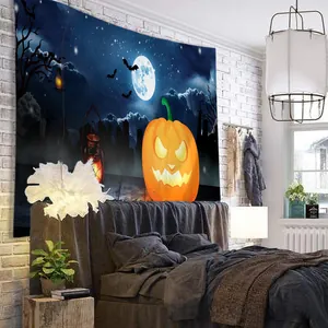 Detail van Halloween wandtapijt met pompoenen en vleermuizen voor slaapkamer decoratie