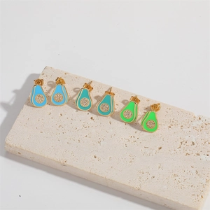 Three pairs of pear-shaped stud earrings in blue and green with white zircon stones