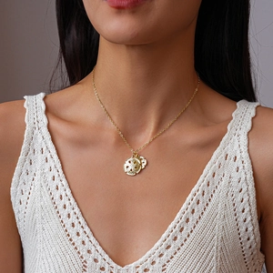 Gold Doppel Anhänger Halskette Legierung Hohl Sanddollar Muschel Texturierte Boho Schmuck Für Frauen