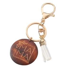 Wooden Mama keychain with leopard print engraving, gold ring and white tassel