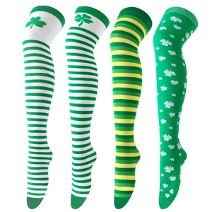Detailed knit texture of St. Patrick's Day over-knee socks with shamrock and stripe patterns