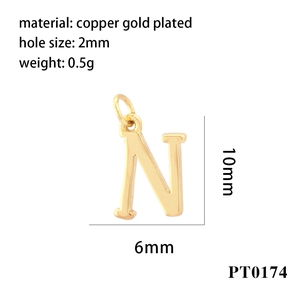 Detail of 18k gold plated letter N pendant showing 10mm height and 0.5g weight specs