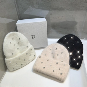 Rhinestone Beanie Knit Hat Winter Warm Thickened Soft Furry Texture Fashion Ribbed Skull Cap For Women Elegant