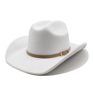 Detailed top view of white wool felt cowboy hat with a brown leather decorative band