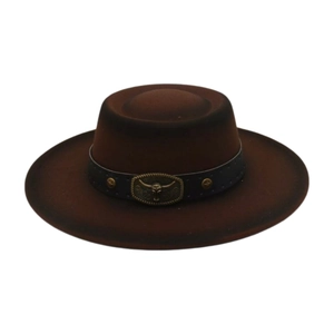 Dark brown wool felt fedora hat with flat brim and vintage bronze bull head metal buckle