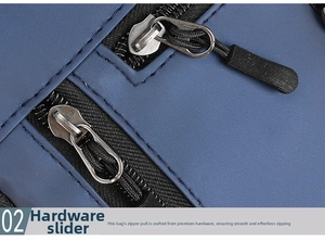 Close-up of durable dual metal zippers with non-slip pullers on waterproof blue fabric bag