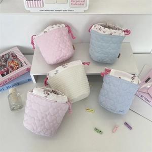 Drawstring Storage Bag Heart Quilted Floral Lining Pouch For Makeup Jewelry Travel Organizer Desktop Sweet Zakka Style