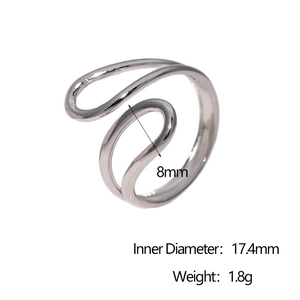 Detailed view of silver S-curve open ring with 8mm width and 17.4mm inner diameter