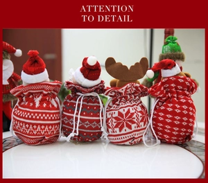 Close-up of knitted Christmas gift bags showing intricate textures and drawstring closure