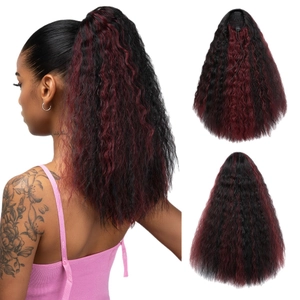 Black and red ombre yaki ponytail extension with drawstring for synthetic hair styling