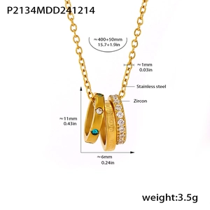 Detailed specs of stainless steel triple ring pendant necklace with zircon and 'With love' engraving