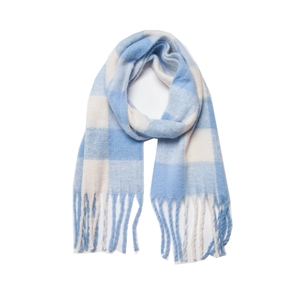 Soft blue and white plaid winter scarf with long tassels made of cashmere-like fabric