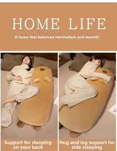 Long brown capybara plush body pillow used for back support and side sleeping comfort