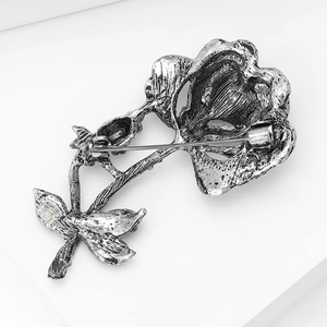 Vintage silver rose flower brooch with pearl accents and full diamond inlay design