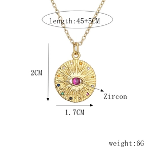 Gold evil eye necklace with pink zircon center and colorful rays on 45+5cm chain