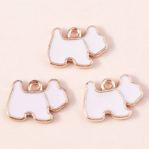 Trois breloques chiot en émail blanc avec bords dorés pour la création de bijoux DIY