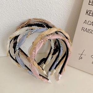 Braided fabric headbands with delicate crystal beads and gold chain in five assorted colors