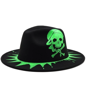 Chapeau fedora en laine noire avec motif tête de mort vert fluo, style punk urbain
