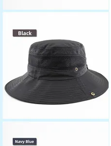 Detail of outdoor sun hats showing breathable mesh fabric in black and navy blue