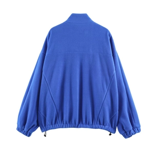 Bright blue loose fleece jacket with high neck and drawstring hem in rear view