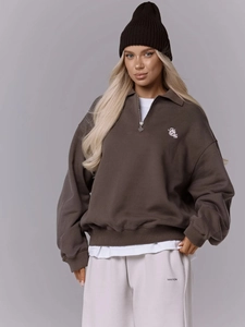 Sweat à capuche marron foncé à demi-zip pour femme avec broderie No Me et coupe ample