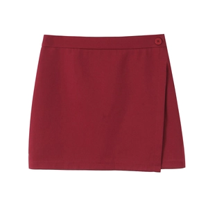 Fashionable burgundy A-line wrap skirt with side button detail for women