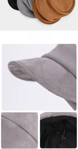Detailed views of faux suede beret featuring fabric texture and adjustable inner drawstring