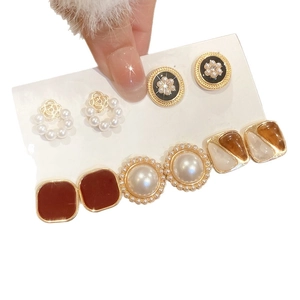 French vintage pearl and enamel stud earring set for women in five elegant designs