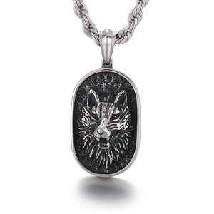 Vintage punk wolf head embossed pendant on twisted stainless steel chain necklace