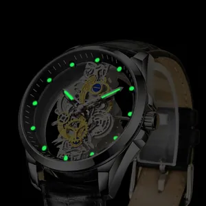 Automatic skeleton wristwatch for men with luminous dial and black leather strap