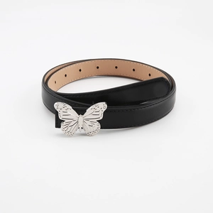 Y2K punk style black leather belt featuring a metallic silver butterfly buckle on white background