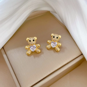 Titanium steel teddy bear earrings set with micro-pave crystals on golden stand