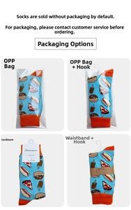 Details hellblauer Baumwollsocken mit Essensmotiven und verschiedenen Verpackungsoptionen