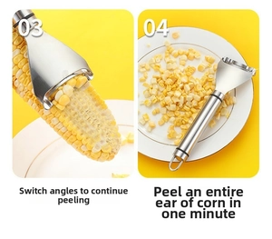 Close-up of stainless steel corn peeler stripping kernels from a cob on yellow background