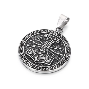 Vintage silver stainless steel Viking Mjolnir pendant with Norse runes and spiral border