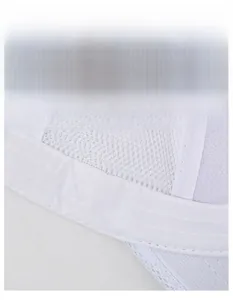 Detail of widened sweatband on white mesh sports cap with moisture wicking fabric