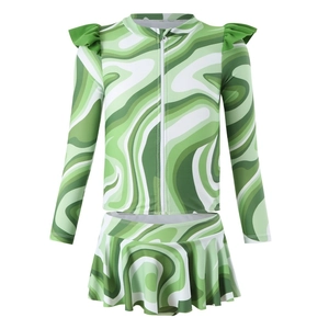 Girls' two-piece swimsuit with long sleeve zip top and green marble print skirt