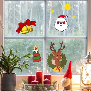 Christmas window static stickers with Santa and reindeer on glass with forest background