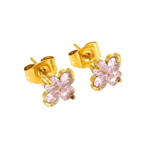 Boucles d'oreilles en acier inoxydable doré avec trèfle à quatre feuilles en zircon rose