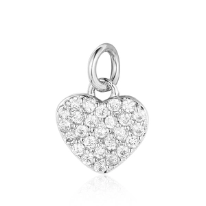 Macro shot of a silver heart pendant featuring micro-pave cubic zirconia on white background