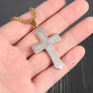Mens silver and gold cross necklace with engraved patterns and CZ stone on bead chain